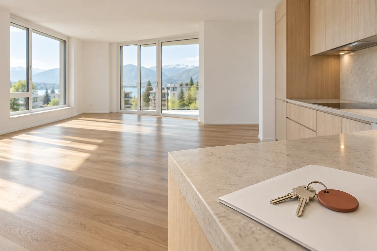 A clean, empty apartment ready for handover, with keys on the counter